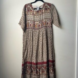 Vintage 70s Indian Cotton Gauze Maxi Dress Block Egyptian Print Hippy Boho Sz M